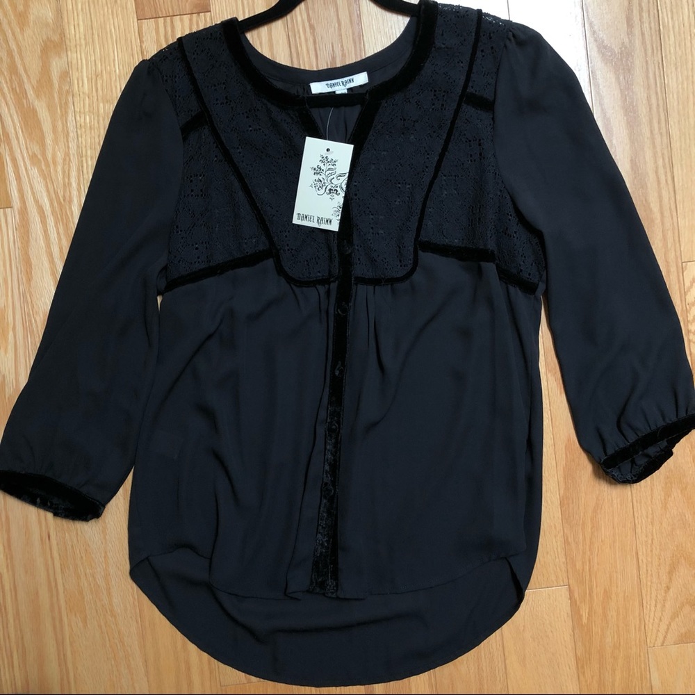 NWT Anthropologie Daniel Rainn Black Sheer Top with Velvet Detail (Size L)